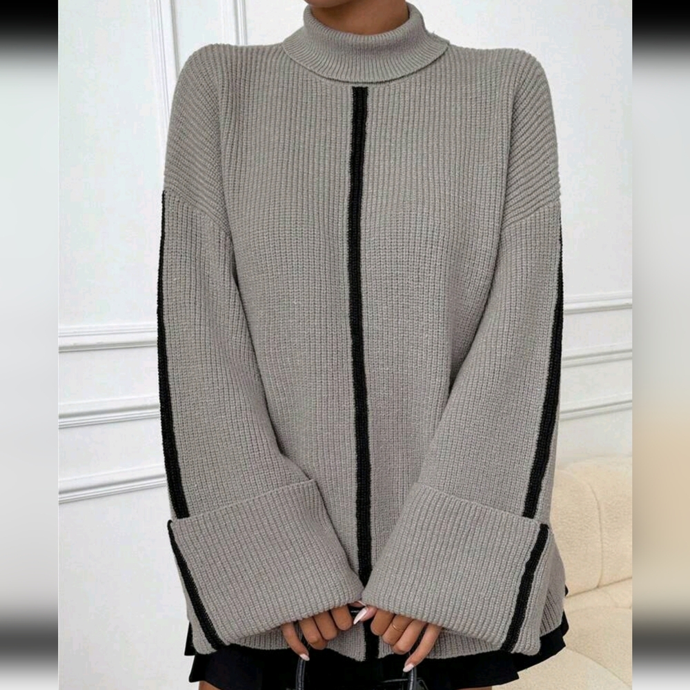 Women's Casual Contrast Color Fold Cuff Turtleneck Sweater, Autumn/ - Picture 5 of 6